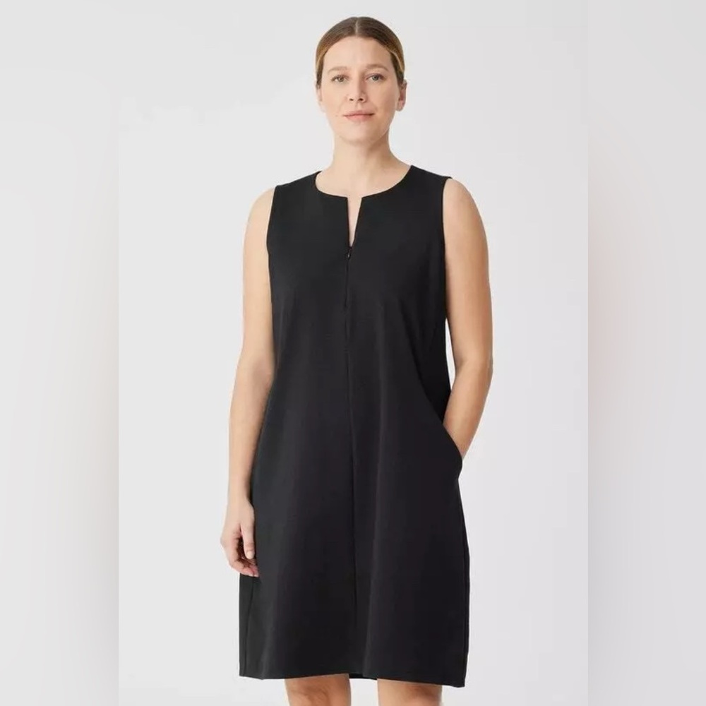 Eileen Fisher Cotton Blend Ponte Zip Up Black Dress Women's Large